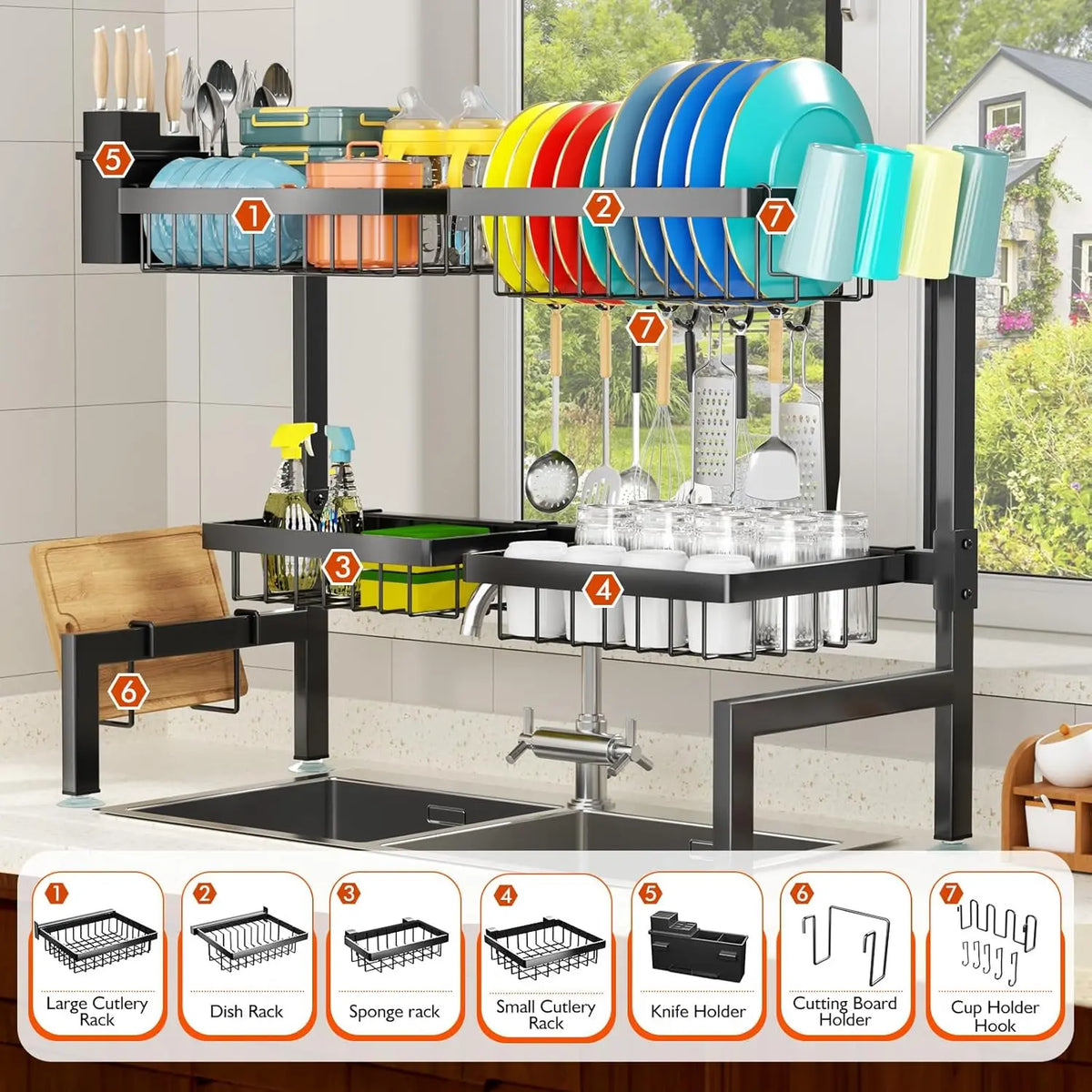 H-Shaped Hard Metal Over Sink Dish Drainer Organizer - 2-Layer Expandable Countertop Rectangle Shelf with 4 Baskets, Adjustable Standing Shelf, Mix-Match Boards for 26.57"-35" Sinks, Efficient Draining, H-Shape Makes Cleaning Easy