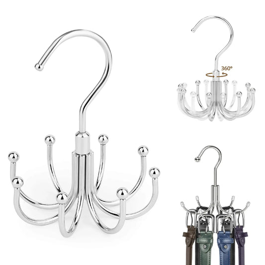 Heavy-Duty Polished Metal Hanging Clothing Organizer - 24-Hook Adjustable 360° Swivel Space Saving Hanger, Home Storage Hooks for Closet Storage, Tie Holder for Belts, Scarves, Purses, Bras, Tank Tops