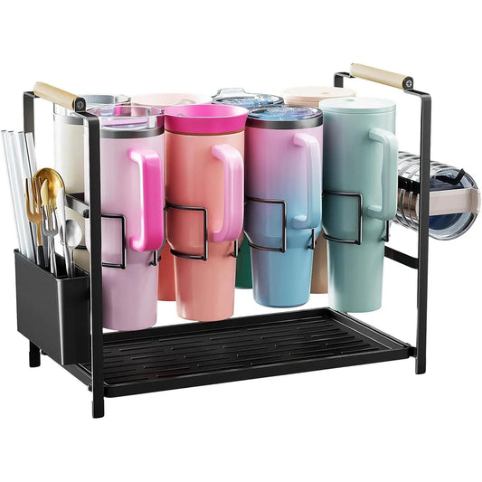 8-Slot Adjustable Smooth Expandable Silicone 2-in-1 Water Bottle Organizer Drying Rack - Kitchen Cabinet Beverage Storage Rack, Cup Organizer for 40 oz Tumblers with Handles (Patented, Removable Silicone Pad, Kitchen Accessories, Father's Day Gifts)