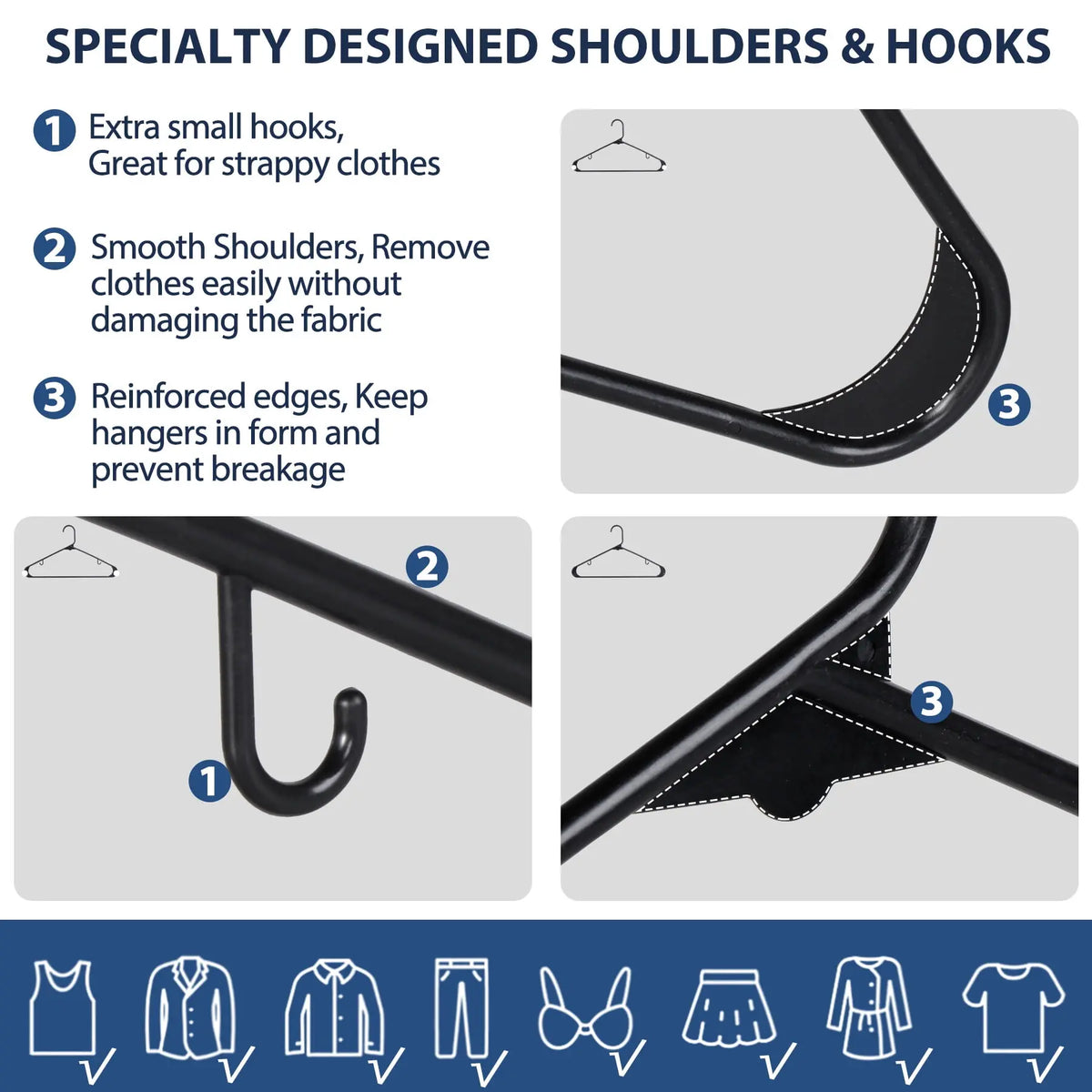 Zeny Bulk Pack Skinny Plastic Closet Hangers (100-Pack, 16in) - Slim Shape Adult-Kids Closet Organization Hangers with Double Hooks, Rounded Edges, 8lbs Capacity, No Creases, Size Details, Package Contents & Support