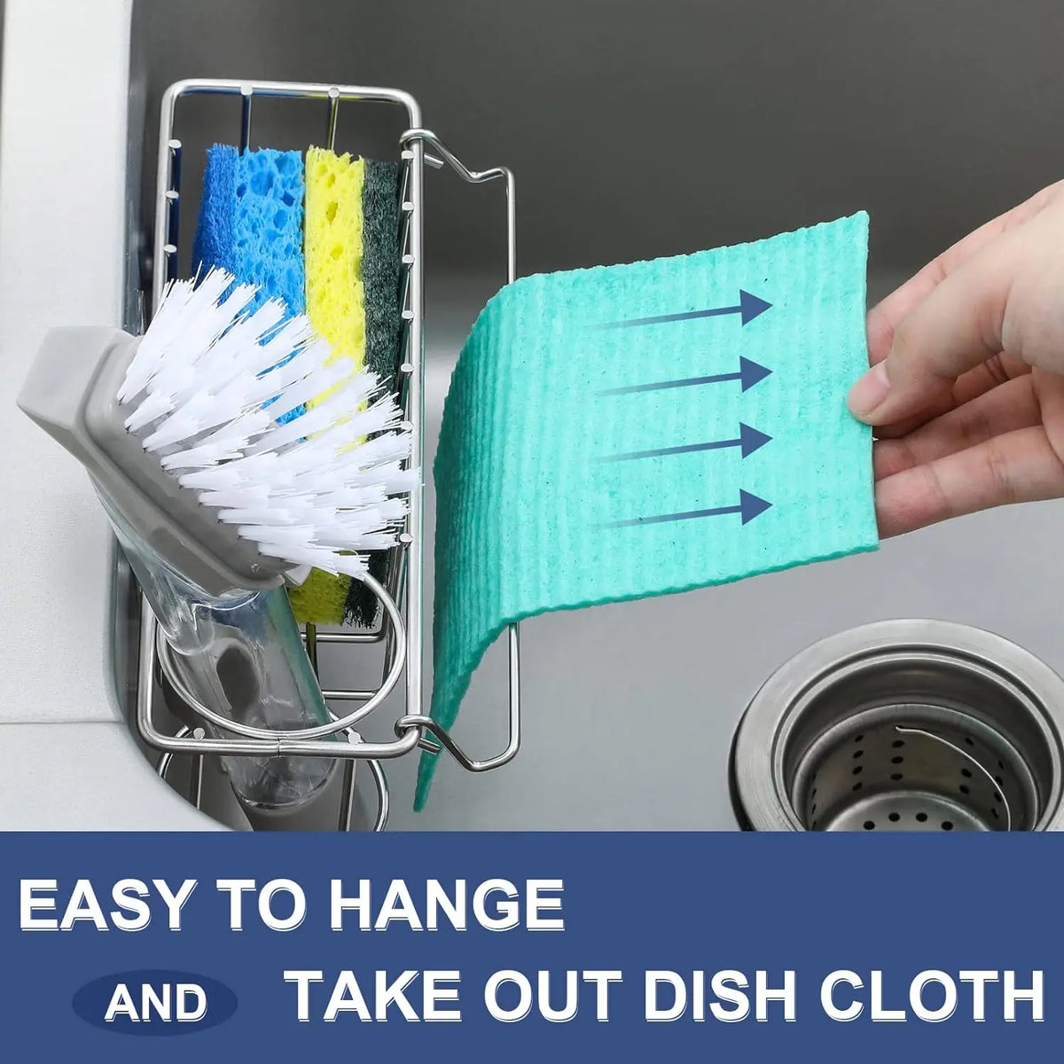 3-In-1 Sponge Holder for Kitchen Sink with Suction Cups & Adhesive Hook , In-sink Sponge Holder, Wall  Sink  Organizer Rack - Sponge, Dish Cloth, Brush,  - 304 Stainless Steel