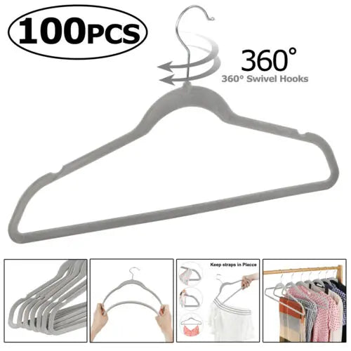 100-Pack Bulk Heavy Duty Slim Non-Slip Velvet Plastic Hangers, 360-Degree Swivel Hook, Notched Shoulders, Lightweight House Organizers for Closet Organization That Maximizes Closet Space, Suits