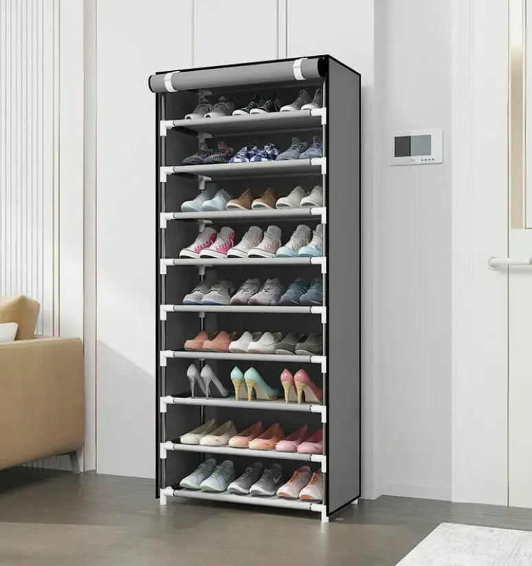 Metal-Plastic Hook Home Storage Organizer, 10-Tier Dustproof Sturdy Rectangle Standing Cabinet with 9 Shelves, Adjustable Multi-Tier Wardrobe Dorm Room Storage Solution