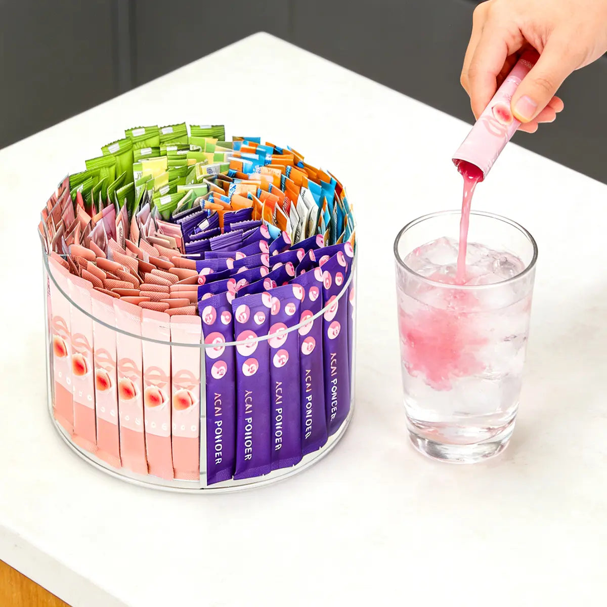 AIEVE Acrylic Holder Dispenser - 360° Turntable Storage Organization Rack, Drink Packet Organizer for Water Flavor Mixes, Built for Kitchen Counters & Desks (Summer Sale Deal)