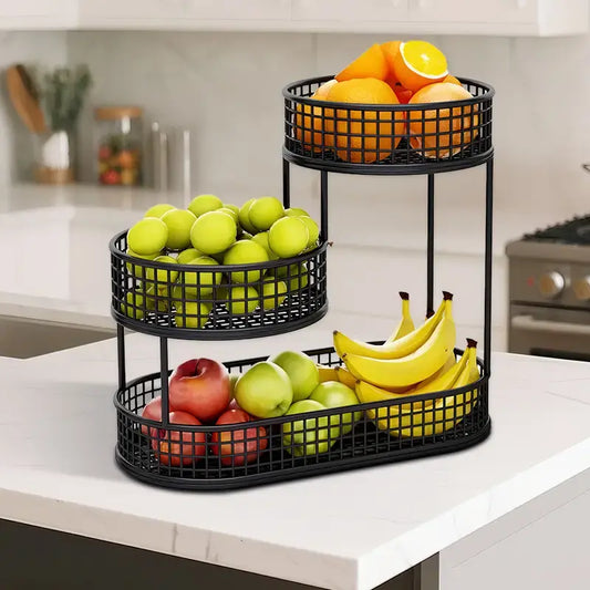 LOVEWE 3-Tier Rustproof Metal Fruit Basket Organizer with Hook Saves Space, Compact Efficient Countertop Storage for Fruits & Vegetables, Space-Saving Kitchen Decor Rack, Kitchen Gadget