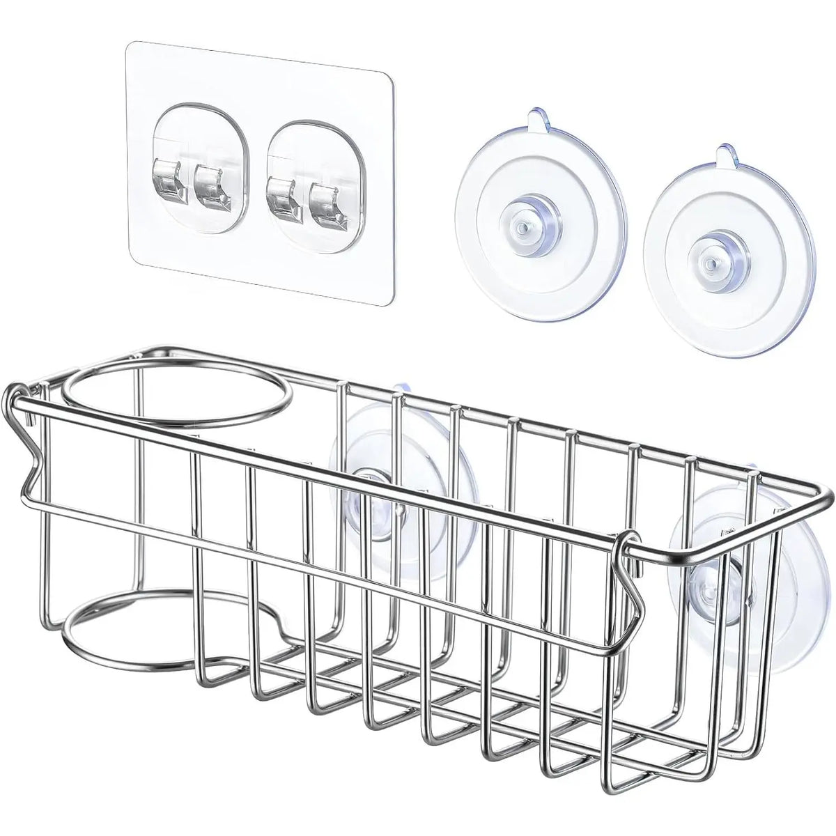 3-In-1 Sponge Holder for Kitchen Sink with Suction Cups & Adhesive Hook , In-sink Sponge Holder, Wall  Sink  Organizer Rack - Sponge, Dish Cloth, Brush,  - 304 Stainless Steel
