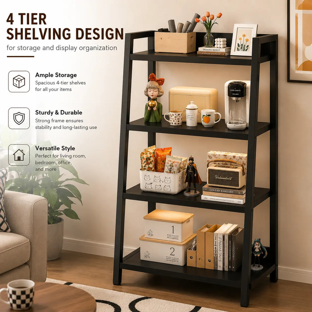 4-Tier Load-Bearing Metal Bookshelf - Floor-Standing Storage Rack, Bedroom Storage Solution, Space Saving Furniture for Small Rooms, Moisture-Resistant Industrial Home Library Organizer