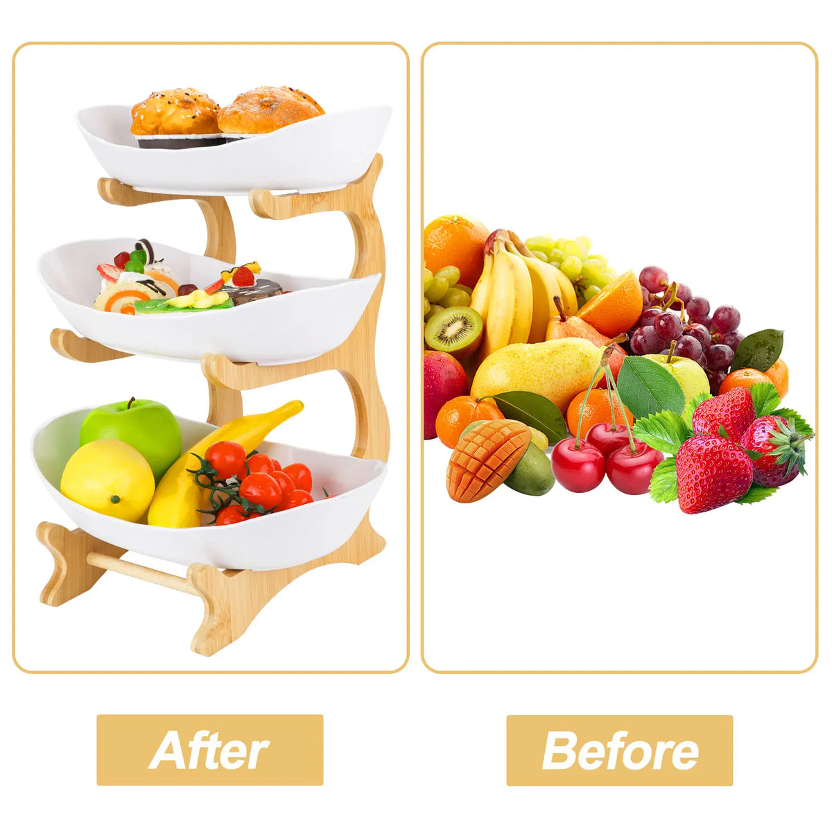 Modern 3-Tier Fruit Basket Stand, Bamboo Frame Snack Tray for Living Room , Space-Saving Countertop Organizer with White Plastic Bowls , Kitchen Countertop Snack Dessert Cake Tray Holder, Countertop Organizer , Decorative Tray , Vegetable Fruit Container
