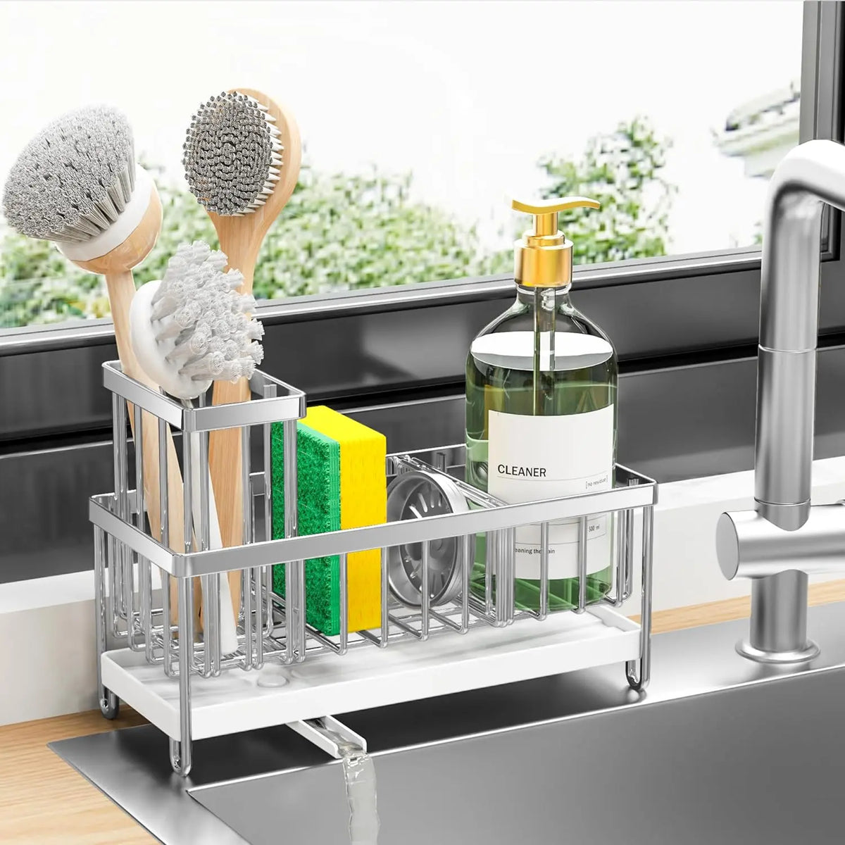 Kitchen Sink Storage Rack, 1 Count Kitchen Sponge Holder with Detachable Brush Holder, Multifunctional Kitchen Storage Rack for Home, Dish Drying Organiser, Holder Organizer