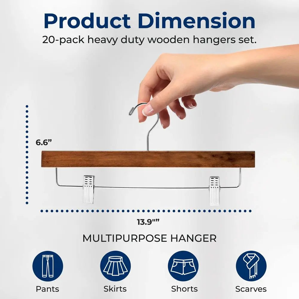 Retro Brown Solid Wood Adjustable Hanging Hooks Set (20-Pack) - Heavy Duty Organiser with Non-Slip Steel Clips, 360° Swivel Hook, Space-Saving Customizable Flexible Configuration Closet Organization Hangers & Pegs for Pants