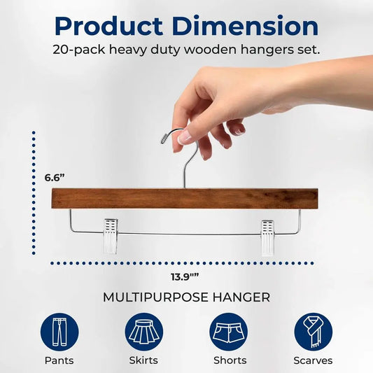Retro Brown Solid Wood Adjustable Hanging Hooks Set (20-Pack) - Heavy Duty Organiser with Non-Slip Steel Clips, 360° Swivel Hook, Space-Saving Customizable Flexible Configuration Closet Organization Hangers & Pegs for Pants