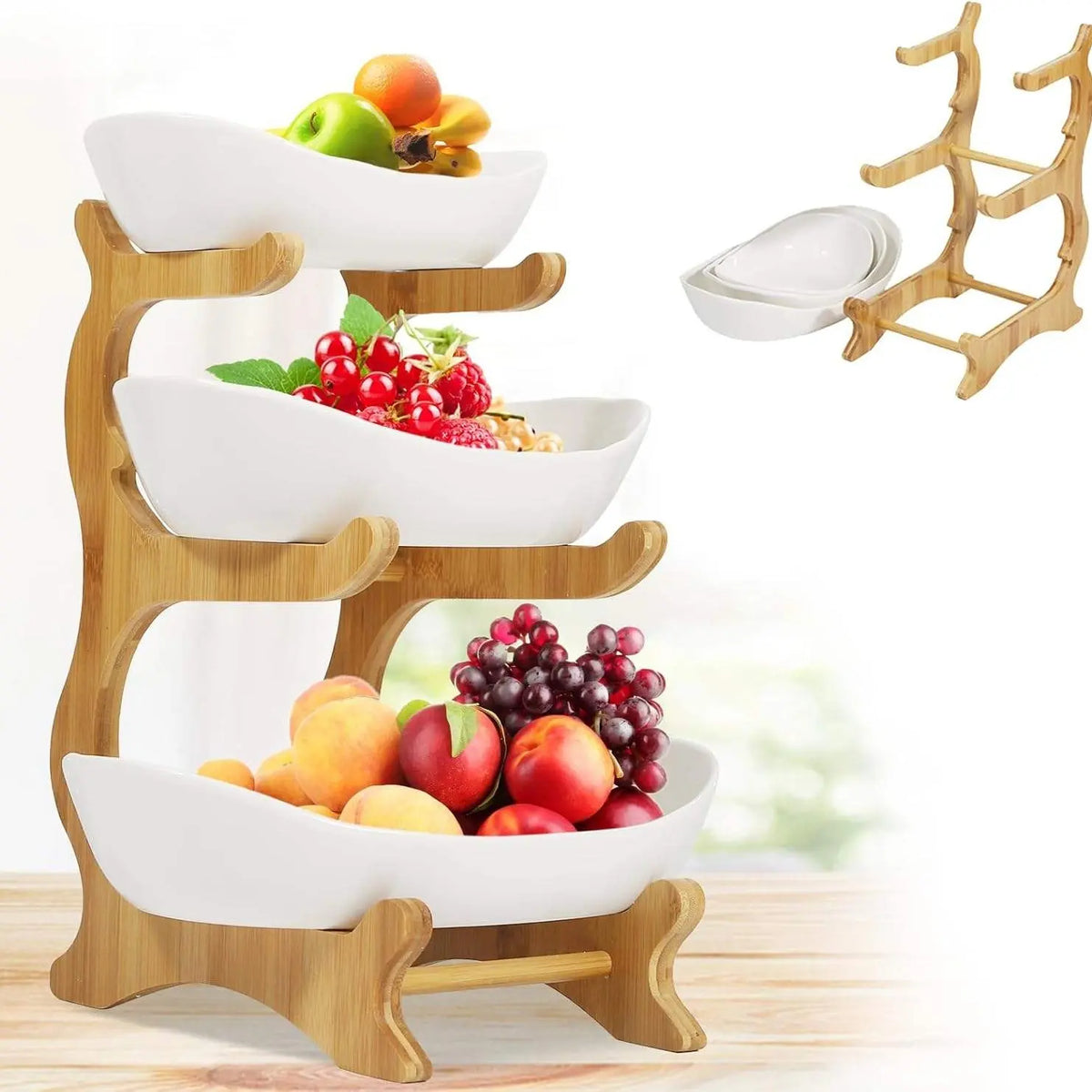 Modern 3-Tier Fruit Basket Stand, Bamboo Frame Snack Tray for Living Room , Space-Saving Countertop Organizer with White Plastic Bowls , Kitchen Countertop Snack Dessert Cake Tray Holder, Countertop Organizer , Decorative Tray , Vegetable Fruit Container
