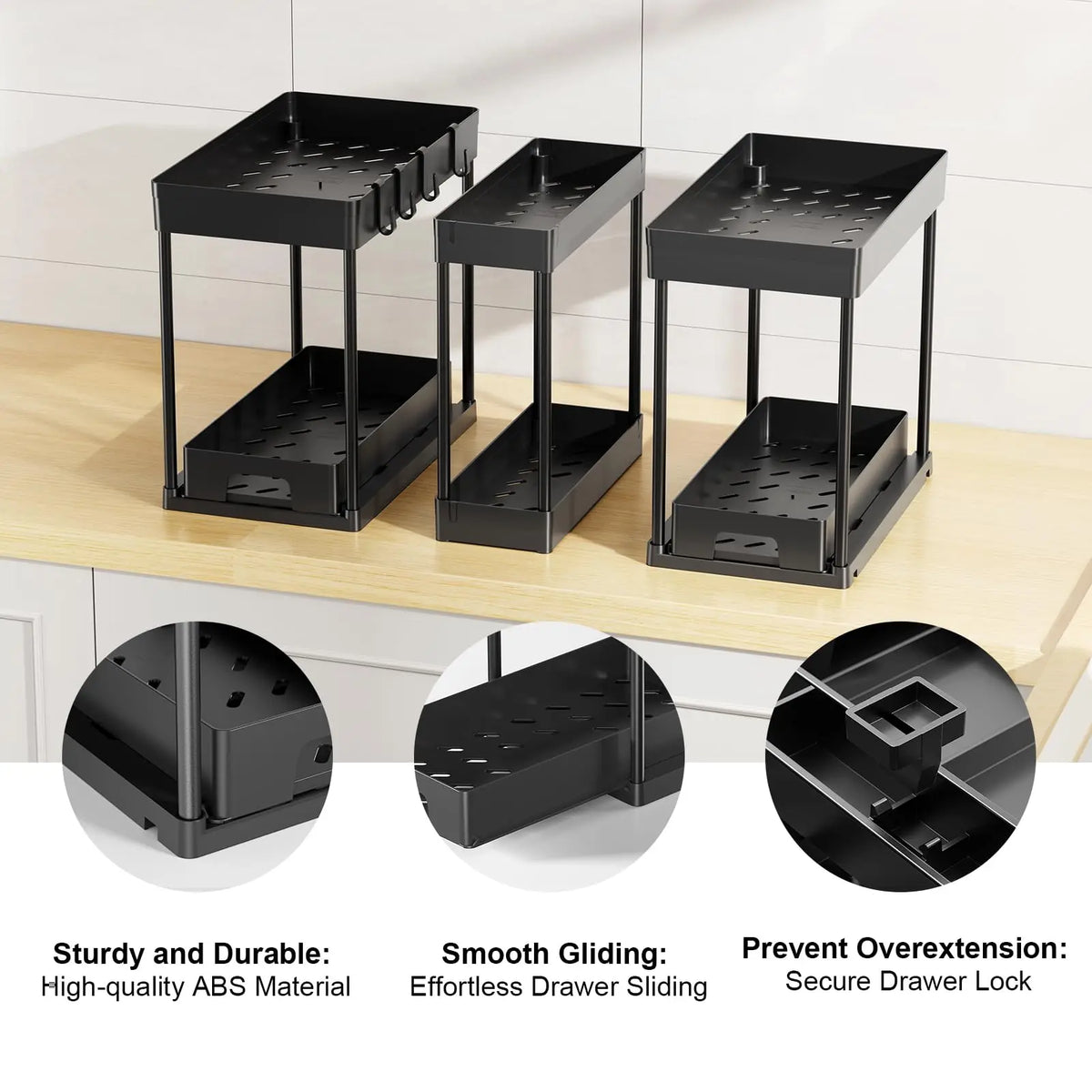 YECAYE 3-Pack 2-Tier Adjustable Storage Rack, Slide-Out Spice Bottle Holder for Large/Small Spaces, Under-Sink & Countertop Organizer for Tiny Kitchens, 3 Units Space-Saving Shelving for Baking & Bathroom Use