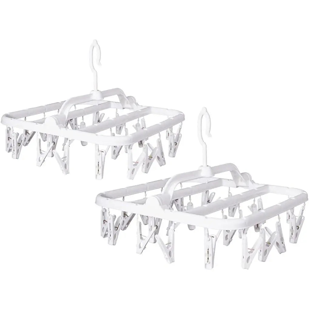 Foldable Clip Hangers with 26 Drying Clips, Underwear Hanger with Clips, Plastic Laundry Clip and Drip Drying Hanger for Socks, Bras, Lingerie, Clothes, Sturdy, White