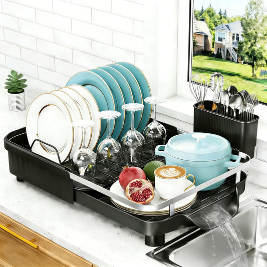 7CODE Multifunctional Expandable Over-Sink Dish Drying Rack - Space-Saving Over-Sink Type Organiser with Adjustable Draining Boards, Automatic Drainage, Storage for Plates, Bowls, Cups, Utensils for Everyday Use