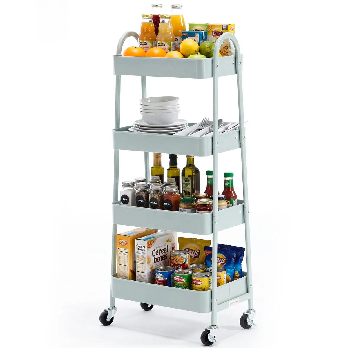 3-Tier Stable Metal Rolling Cart Organization - Indoor Storage Utility Trolley with Locking Wheels, Narrow Mobile Rack for Bedside Snack Cart, Magazine Shelf Use
