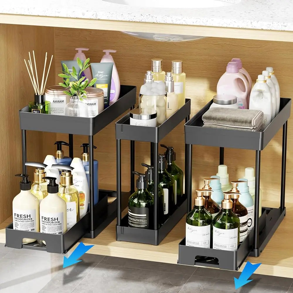 YECAYE 3-Pack 2-Tier Adjustable Storage Rack, Slide-Out Spice Bottle Holder for Large/Small Spaces, Under-Sink & Countertop Organizer for Tiny Kitchens, 3 Units Space-Saving Shelving for Baking & Bathroom Use