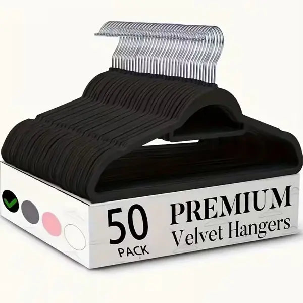 Velvet-Abs Plastic-Free 50-Pack Ultra Slender Metal Clothes Hangers Set - 17in, 17.5"l x 1/4"w x 9"h, Slip-Resistant, 360° Rotatable Silver Hook, 11lbs Heavy-Duty Home Organizer (in Box) for Women Apparel, Jumpers, Wardrobe, Back to School