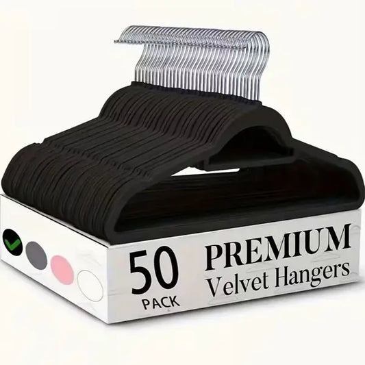Velvet-Abs Plastic-Free 50-Pack Ultra Slender Metal Clothes Hangers Set - 17in, 17.5"l x 1/4"w x 9"h, Slip-Resistant, 360° Rotatable Silver Hook, 11lbs Heavy-Duty Home Organizer (in Box) for Women Apparel, Jumpers, Wardrobe, Back to School
