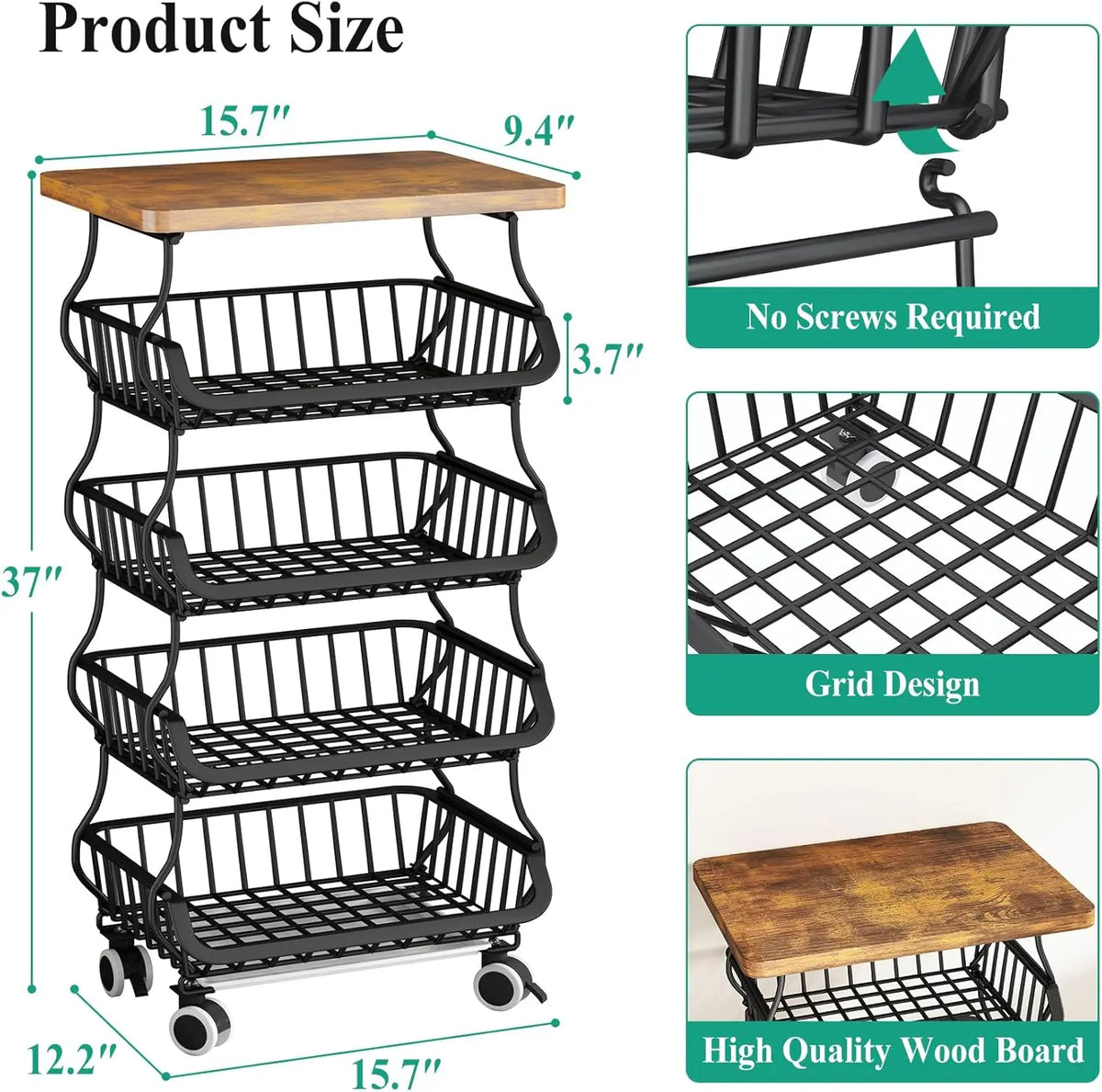 5-Tier Wooden Top Metal Wire Mesh Fruit & Vegetable Organiser, Stackable Kitchen Storage Cart with Wheels, Garage & Pantry Bin Rack for Onions & Potatoes