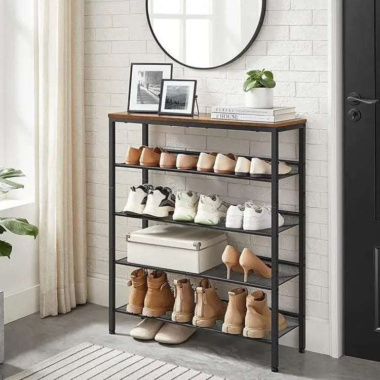 SONGMICS HOME Free-Standing Industrial Shoe Rack - Durable, Space-Saving Shoe Organizer with Sturdy Wooden Top & Steel Frame, Holds 16-20 Pairs, Antitip Kit Incl