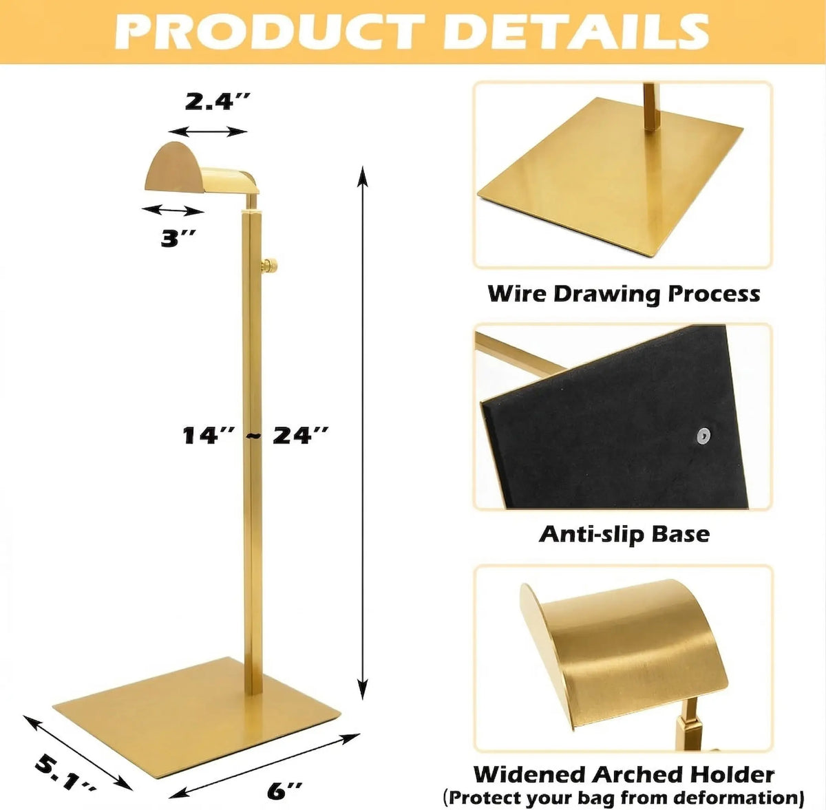 Gold 3-Piece Stainless Steel Handbag Display Stands - 14 to 24 Inches Expandable Adjustable Height Holders with Curved Support, Sturdy Base, Wallet & Headphone Holder for Retail & Home Organization (Set of 3)
