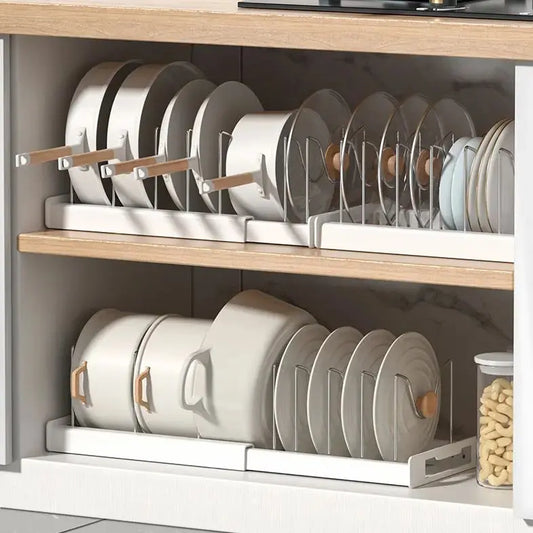 Expandable Pot and Pan Organizer Rack for Cabinet, Pot Lid Organizer with 7 Adjustable Stainless Steel Dividers, Kitchen Storage Rack Holder for Pan Lids & Bakeware Utensils, Countertop & Cabinet Organizer (White/Grey) gift