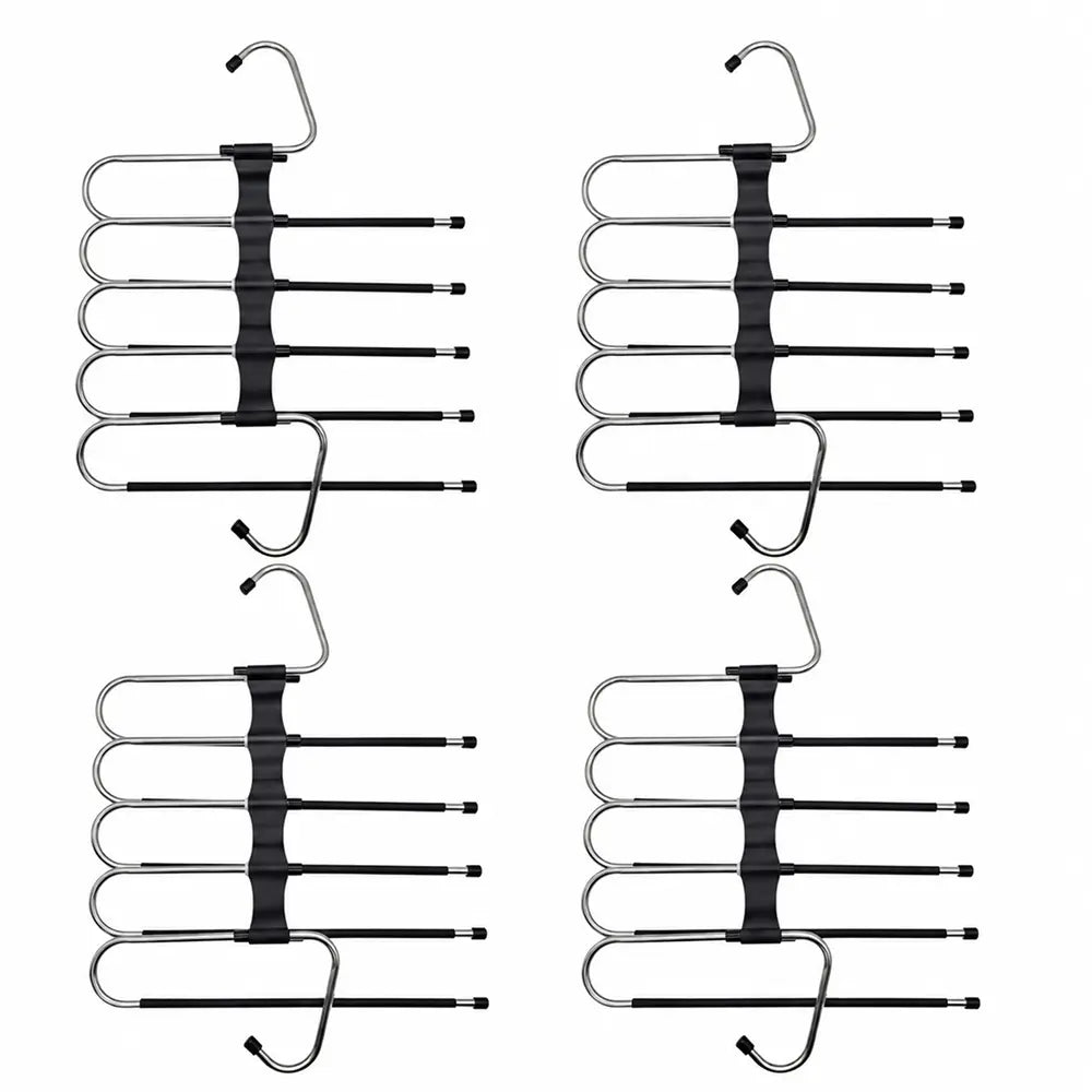 4 Pack 5-Tier Heavy-Duty Stainless Steel Pants Hangers - Sturdy Space-Saving Clothing Organizer with 20 Clips, Protective Cap, Scratch Resistant, Adjustable Rack for Apartment Closet Trousers Leggings (Black)