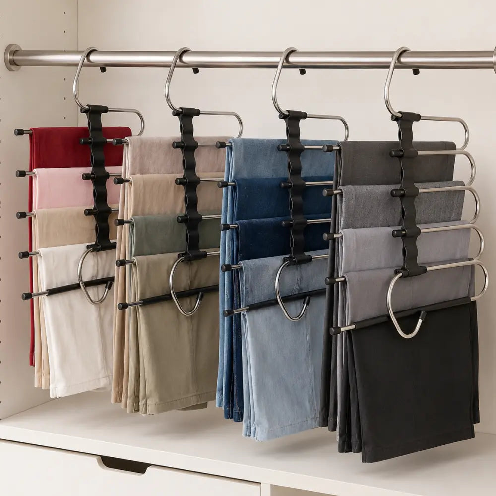 4 Pack 5-Tier Heavy-Duty Stainless Steel Pants Hangers - Sturdy Space-Saving Clothing Organizer with 20 Clips, Protective Cap, Scratch Resistant, Adjustable Rack for Apartment Closet Trousers Leggings (Black)