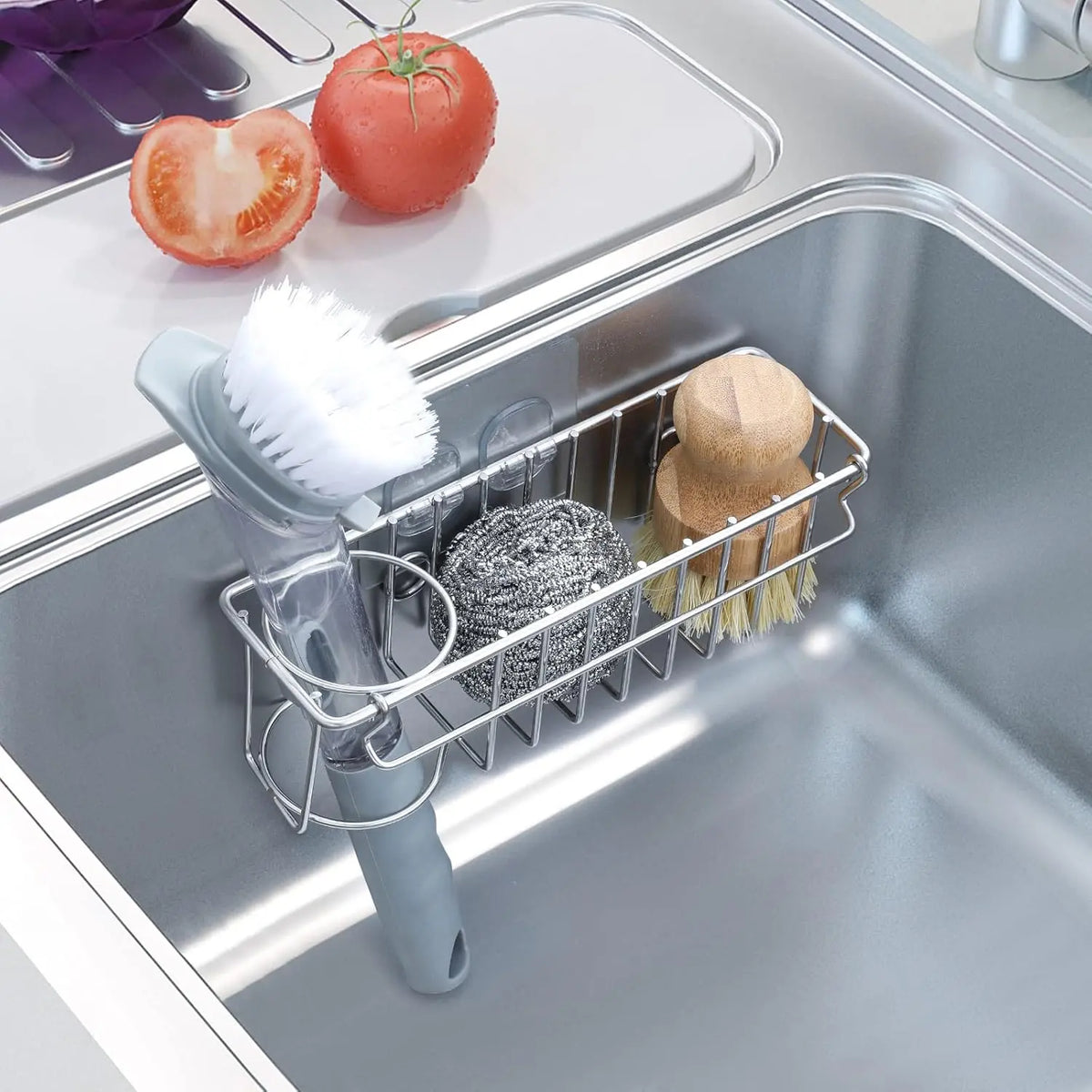 3-In-1 Sponge Holder for Kitchen Sink with Suction Cups & Adhesive Hook , In-sink Sponge Holder, Wall  Sink  Organizer Rack - Sponge, Dish Cloth, Brush,  - 304 Stainless Steel