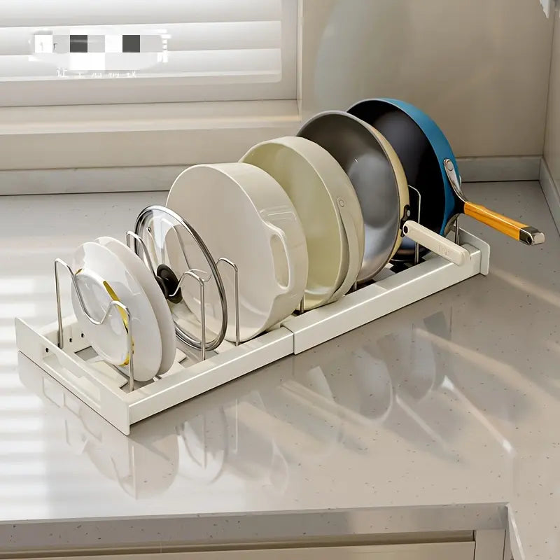Expandable Pot and Pan Organizer Rack for Cabinet, Pot Lid Organizer with 7 Adjustable Stainless Steel Dividers, Kitchen Storage Rack Holder for Pan Lids & Bakeware Utensils, Countertop & Cabinet Organizer (White/Grey) gift