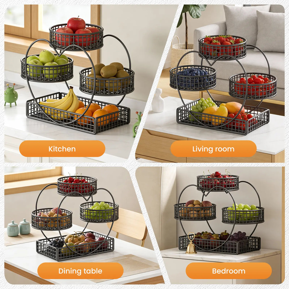 3-Tier Metal Frame Heart-Shaped Wire Mesh Open Basket Rack - Kitchen Countertop Organizer, Fruit & Snack Holder, Kitchen Decor Ideas, Thanksgiving Gift, Bathroom Storage Solution with Included Storage Bag for Displaying Items