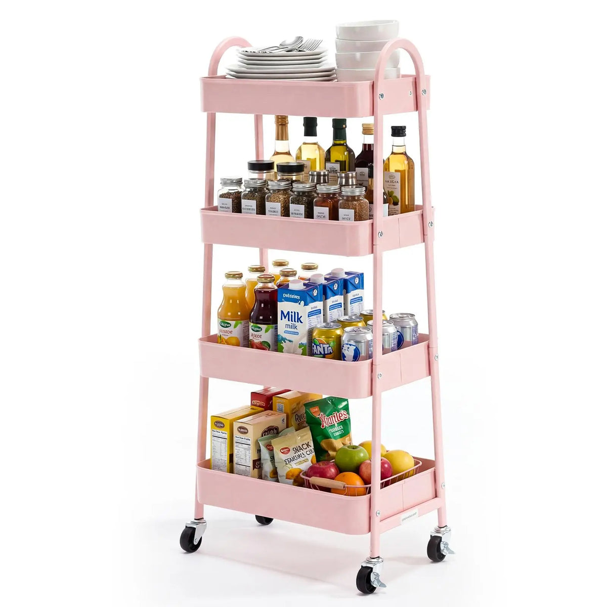 3-Tier Stable Metal Rolling Cart Organization - Indoor Storage Utility Trolley with Locking Wheels, Narrow Mobile Rack for Bedside Snack Cart, Magazine Shelf Use