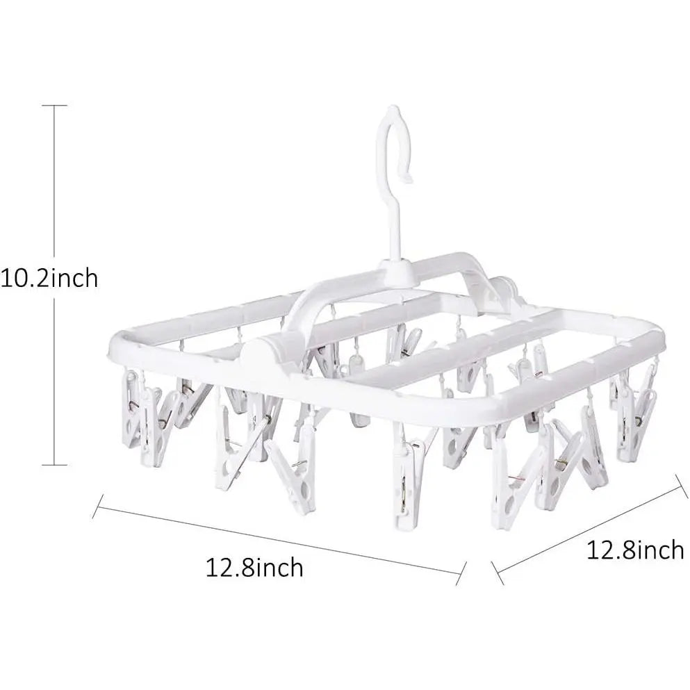 Foldable Clip Hangers with 26 Drying Clips, Underwear Hanger with Clips, Plastic Laundry Clip and Drip Drying Hanger for Socks, Bras, Lingerie, Clothes, Sturdy, White