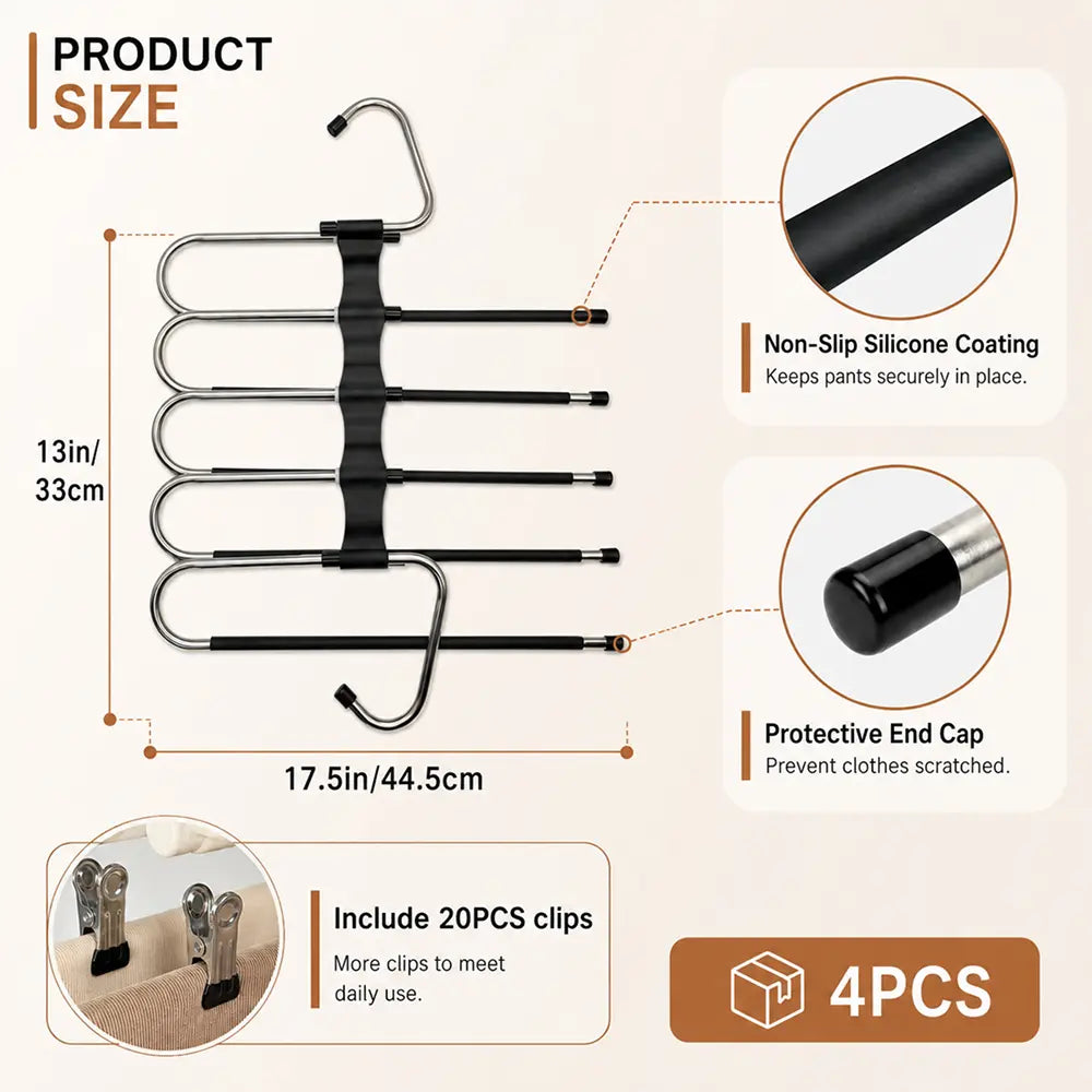 4 Pack 5-Tier Heavy-Duty Stainless Steel Pants Hangers - Sturdy Space-Saving Clothing Organizer with 20 Clips, Protective Cap, Scratch Resistant, Adjustable Rack for Apartment Closet Trousers Leggings (Black)