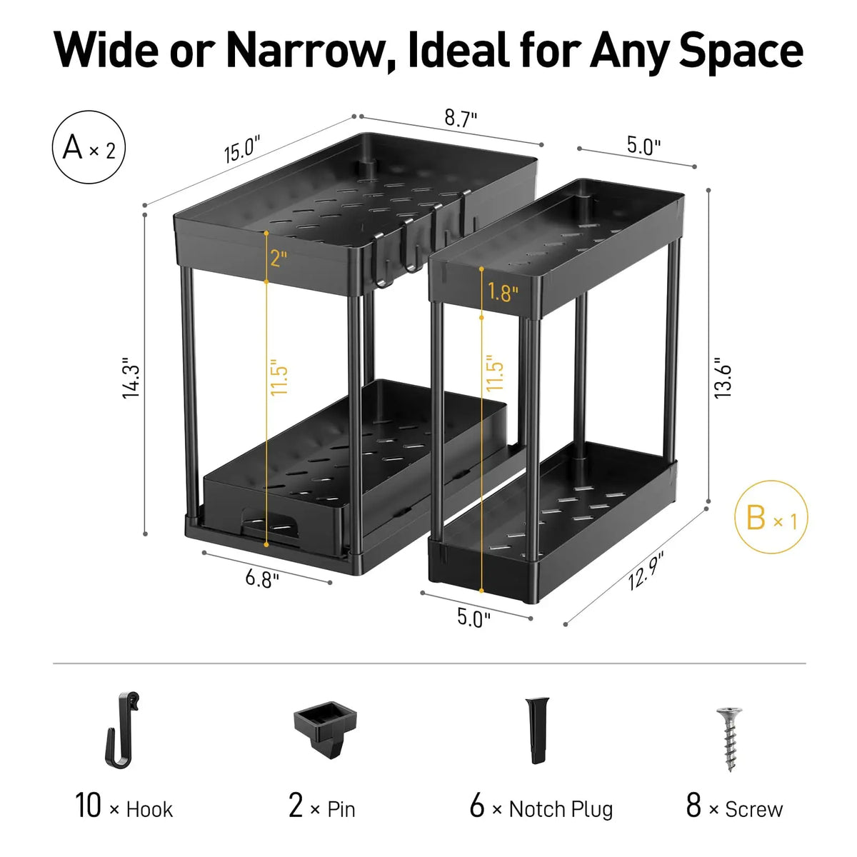 YECAYE 3-Pack 2-Tier Adjustable Storage Rack, Slide-Out Spice Bottle Holder for Large/Small Spaces, Under-Sink & Countertop Organizer for Tiny Kitchens, 3 Units Space-Saving Shelving for Baking & Bathroom Use