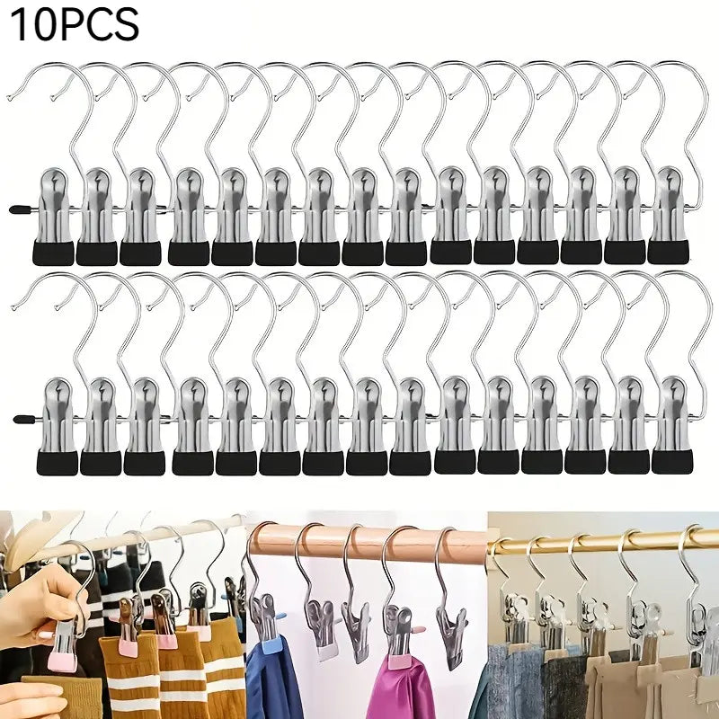 Multi-Functional Metal Clothes Clips with Hooks, Portable 360° Rotating Closet Organizer, Home Storage Clips for Laundry and Apparel, Clip Hangers for Pants
