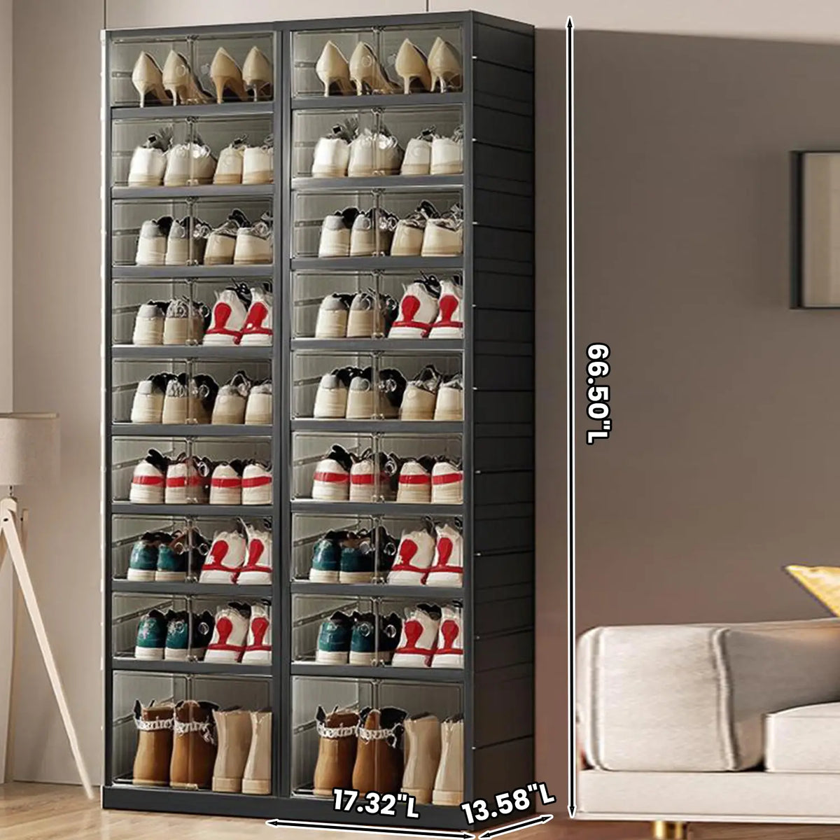 NLDD Extra-Wide & Tall 9-Tier Shoe Cabinet Holds 18 Pairs Clear Doors Wheels for Effortless Storage Stackable Reinforced Frame Ventilation Holes, Shoe Box, Shoe Rack Organizer
