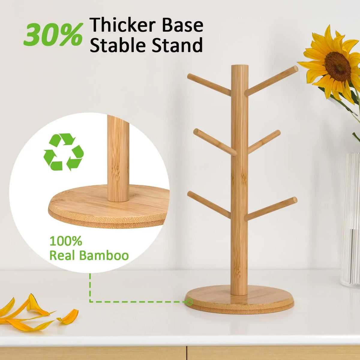 Bamboo Mug Holder Tree with 6 Hooks, Thicker Base Coffee Cup Stand for Countertop, Sturdy and Space-Saving Mug Rack for Kitchen Organizer