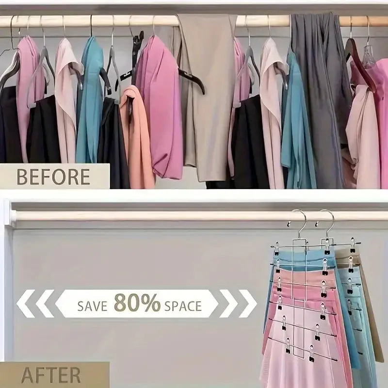[Modern Metal Organizer] 6-Tier Metal Skirt Organizer, Garment Organizer with 360 Rotating Hooks, Compact Closet Organization, Space-Saving Clothes Storage for Pants and Skirts, Closet Hanger Organizer, Modern Polished Finish, Durable Metal Construction