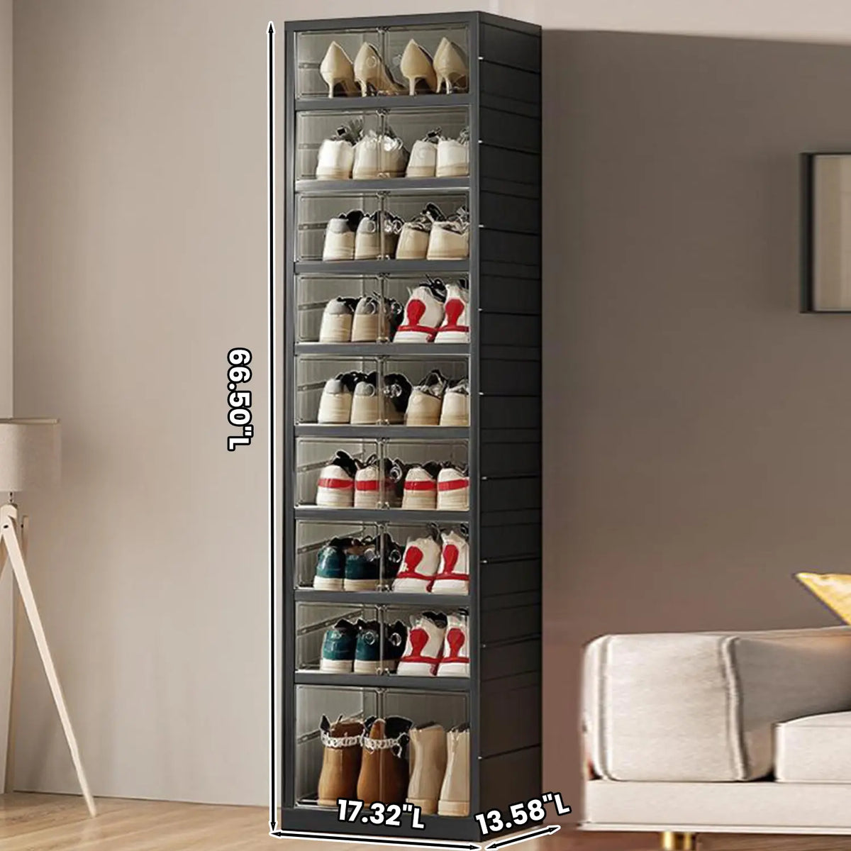 NLDD Extra-Wide & Tall 9-Tier Shoe Cabinet Holds 18 Pairs Clear Doors Wheels for Effortless Storage Stackable Reinforced Frame Ventilation Holes, Shoe Box, Shoe Rack Organizer