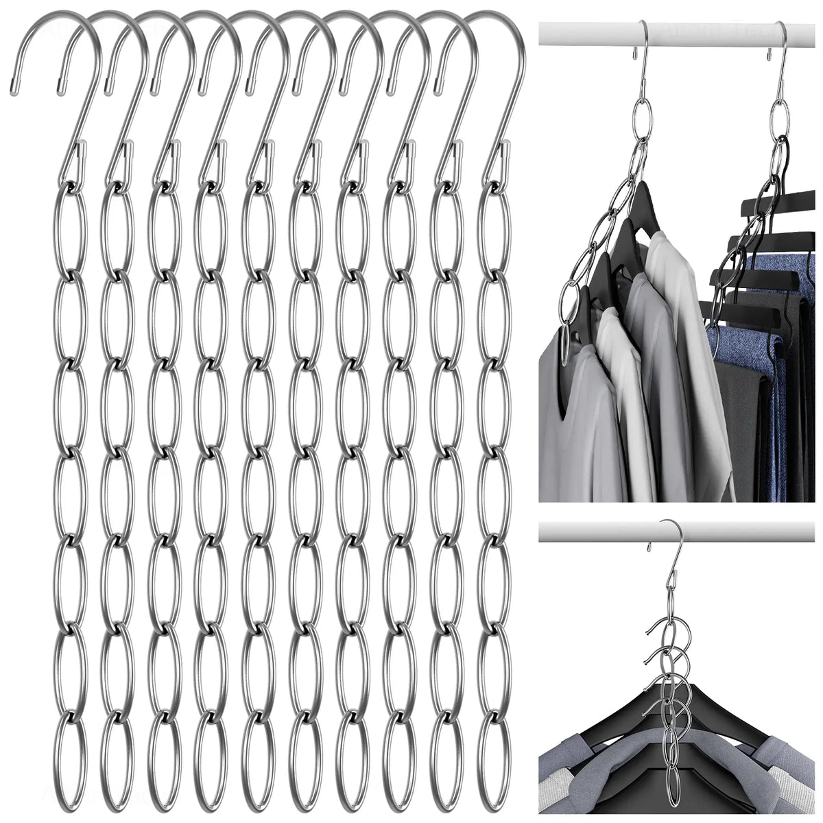 NiHome 10-Pack Heavy Duty Metal Clothes Hangers - Durable, Non-Slip, Multifunctional Damage-Free Space Savers with Carry Pouch for Compact Closet Organization System, Clothing Chain, Dorms