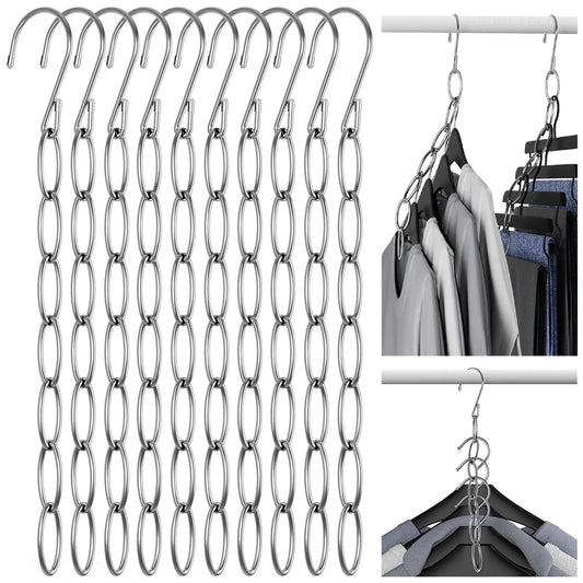 NiHome 10-Pack Heavy Duty Metal Clothes Hangers - Durable, Non-Slip, Multifunctional Damage-Free Space Savers with Carry Pouch for Compact Closet Organization System, Clothing Chain, Dorms