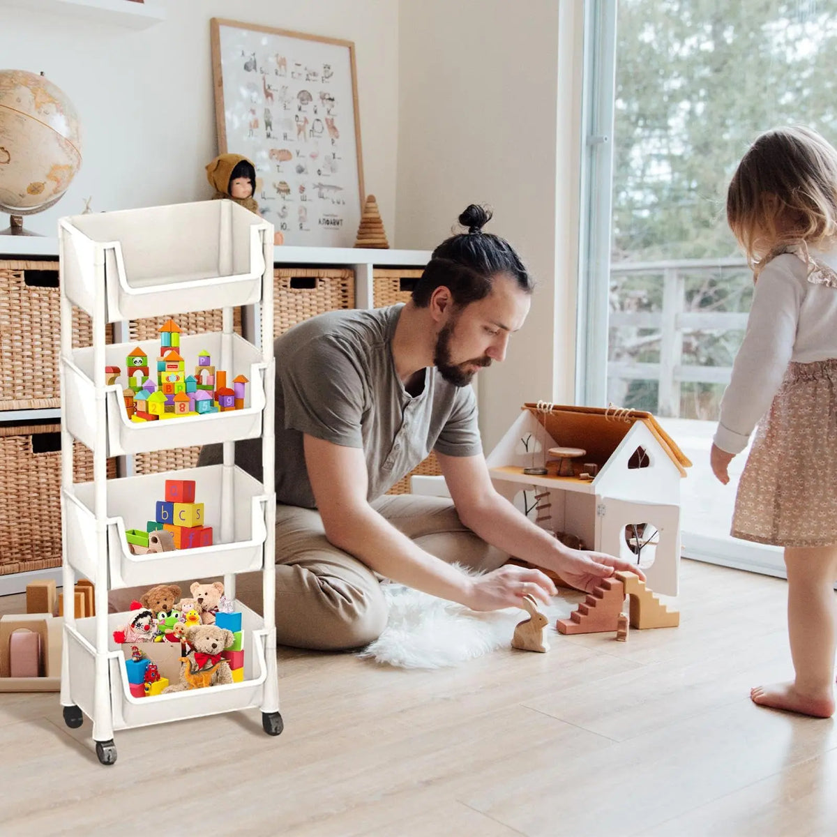 Beige Multifunctional Large-Capacity Plastic Storage Cart with Rolling Wheels - Layered Shelf Racks, Countertop Kitchen Organizer, Accessory Storage Rack, Bedroom Organizer Furniture, Shelves for Bedroom Solution