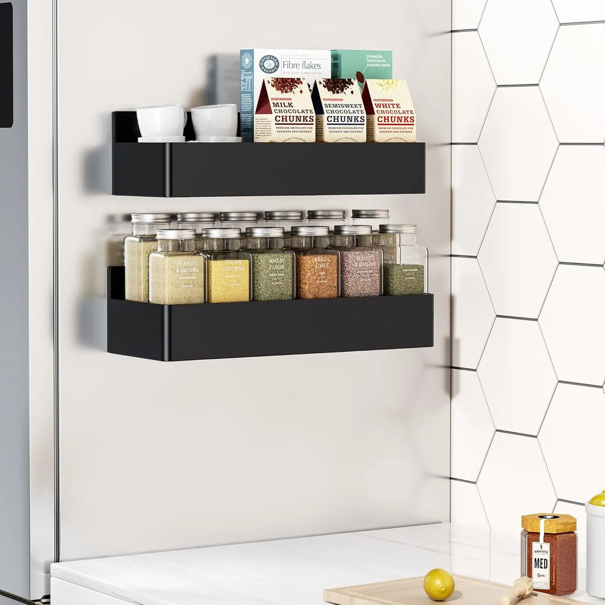 Nieifi 4-Pack Magnetic Spice Rack, Strong Magnet Fridge Organizer with Shelves for Kitchen, Office, Classroom & Coffee Bar, Black