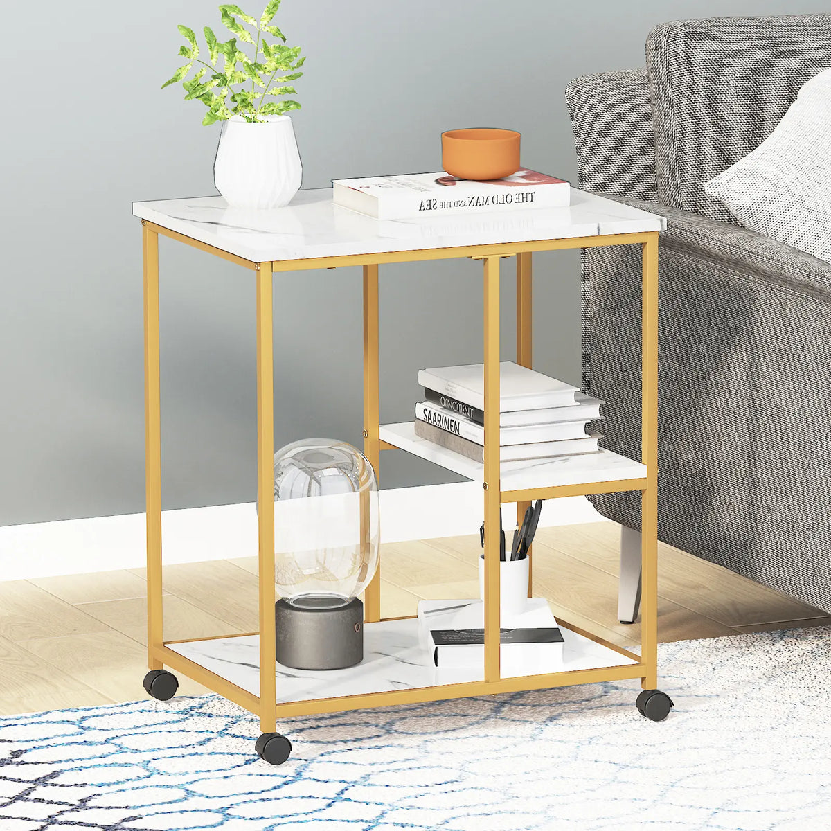 3-Tier Rolling Kitchen Cart - Standing Baker's Rack & Appliance Storage Shelf, Microwave Stand for Small Spaces w/Wheels Smooth Water Proof Wooden
