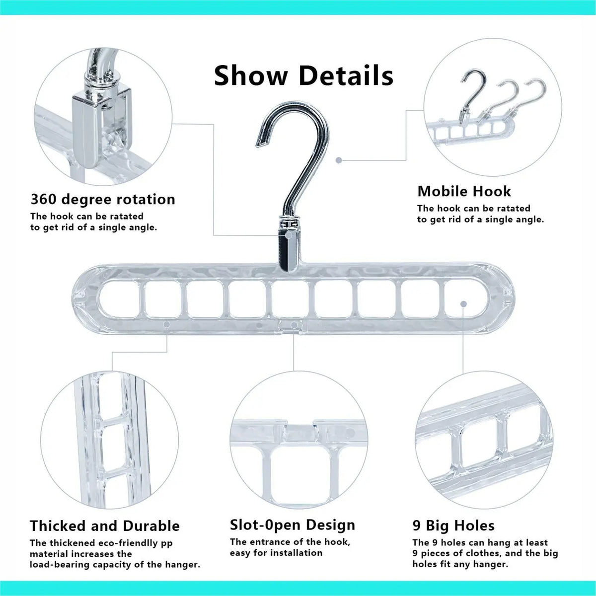 Heavy PVC 9-Hole Compact Rotatable Hook Clothes Hangers (15-Pack Multiple Packs) - Hanging Clothes Organizer for Household Users, Adjustable Space-Saving Foldable, Quick-Install Slots, Flexible Pegs, Bedroom Shirts Jumpers Display
