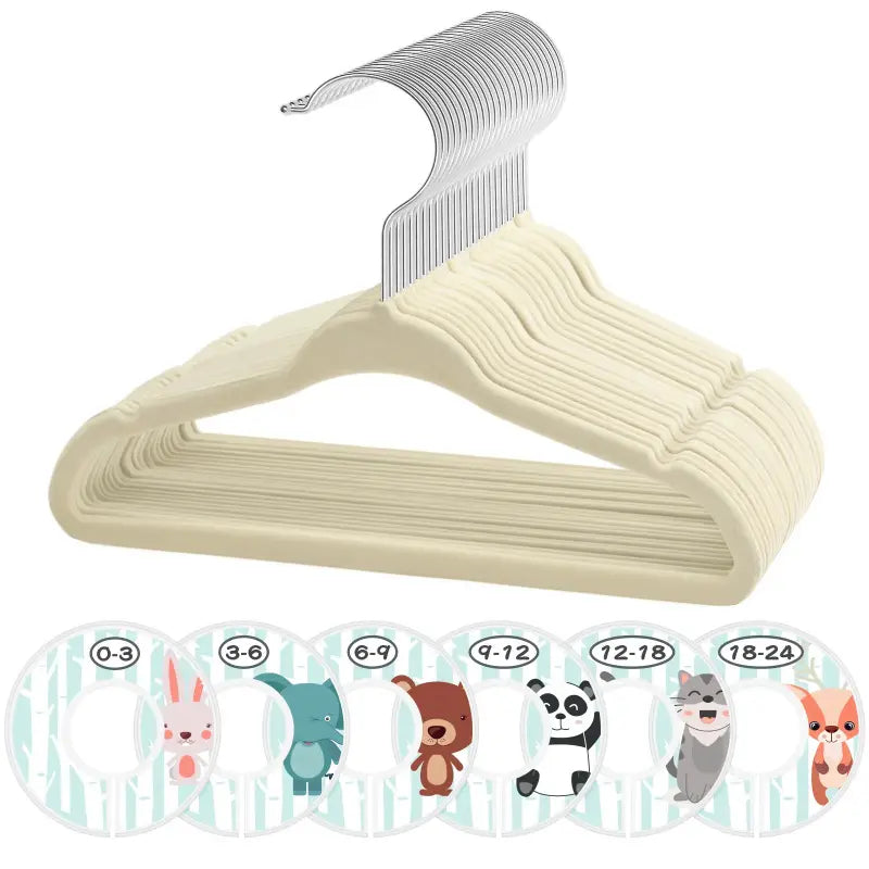 Velvet Baby Clothes Hangers - 30pcs 11in ABS Soft Non-Slip Hanging Nursery Closet Organizer, 6 Adjustable Dividers, Metal-Plastic Hooks, Beige Toddler Home Accessory (Great Gift Option)