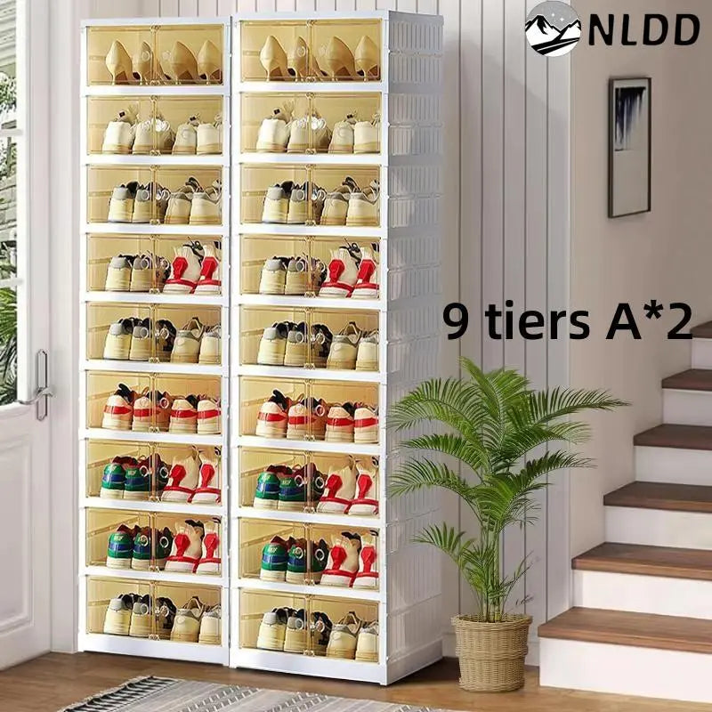 Lingrong 9-Tier Foldable Shoe Rack Organizer for Closet Plastic Shoe Shelf Collapsible Shoes Storage Box Clear Shoe Boxes Stackable