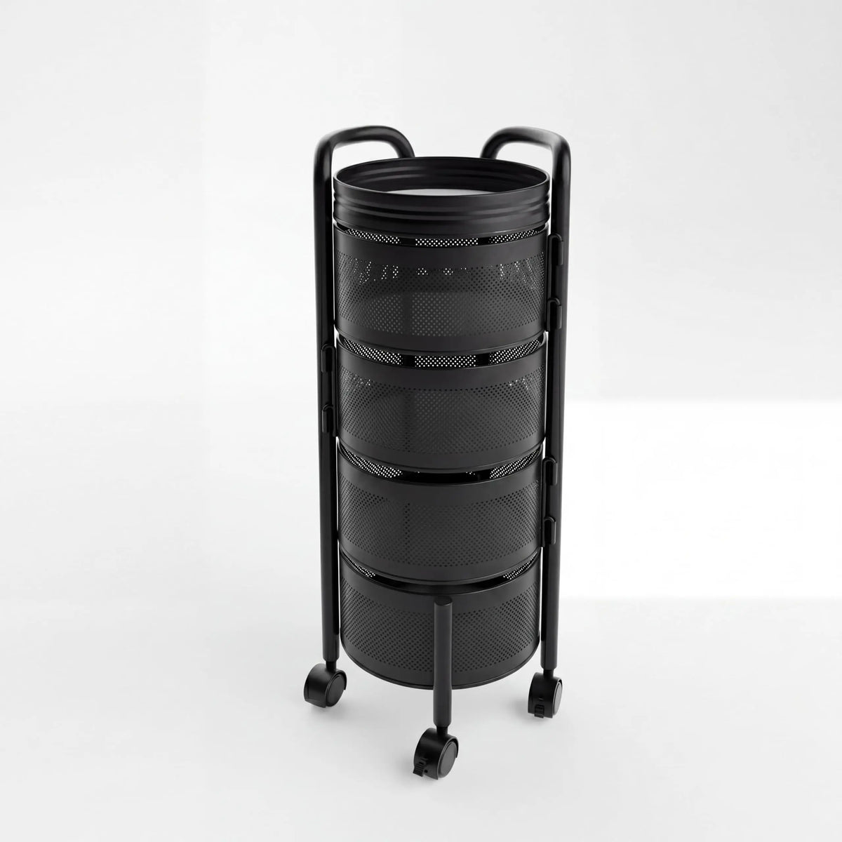4 Tier Rotating Kitchen Storage Cart on Wheels, Carbon Steel Moving Storage Rack with Top Lid & Basket for Kitchen, Bathroom, Living Room, Bedroom